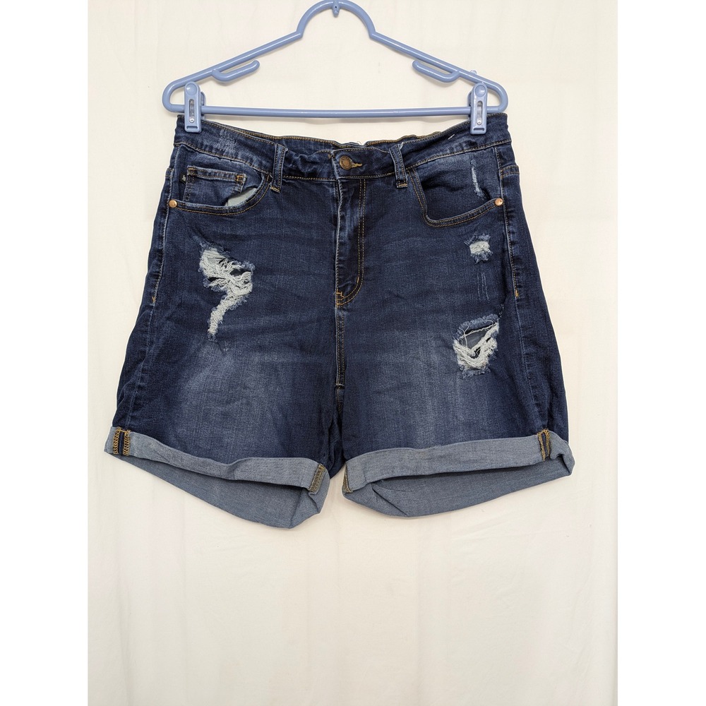 Judy Blue Distressed Denim Shorts Dark Wash Cuffed High Rise 1XL JB1552